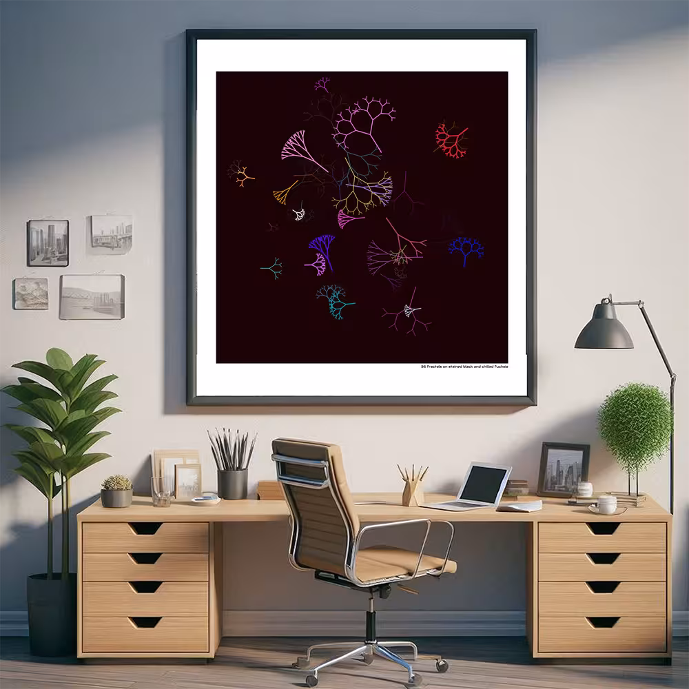 36 fractals on stained black and chilled fuchsia in room setting