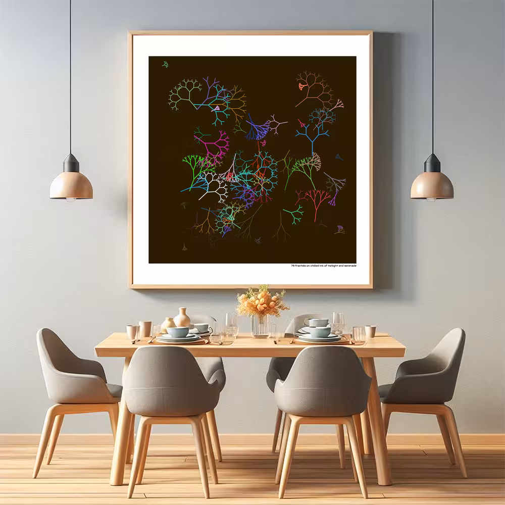 79 fractals on chilled ink of twilight and serenade in room setting