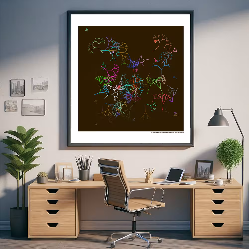 79 fractals on chilled ink of twilight and serenade in room setting