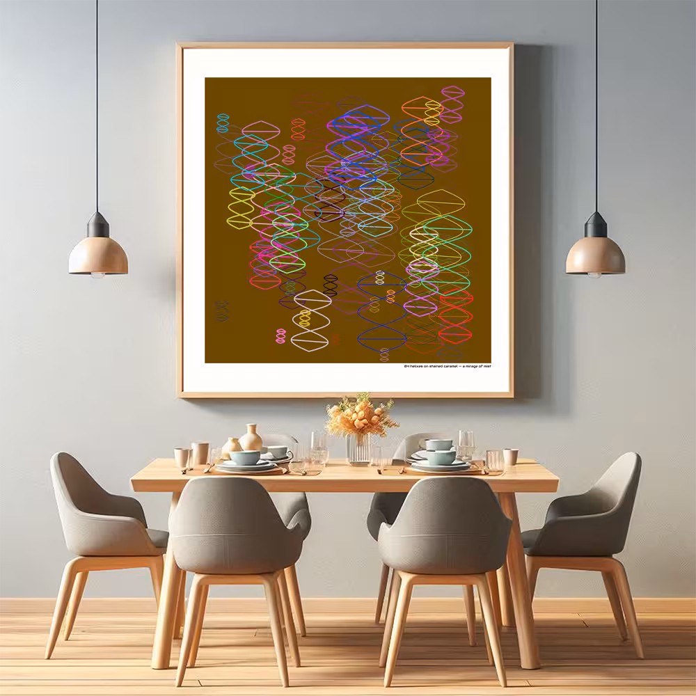 84 helixes on stained caramel — a mirage of mist in room setting