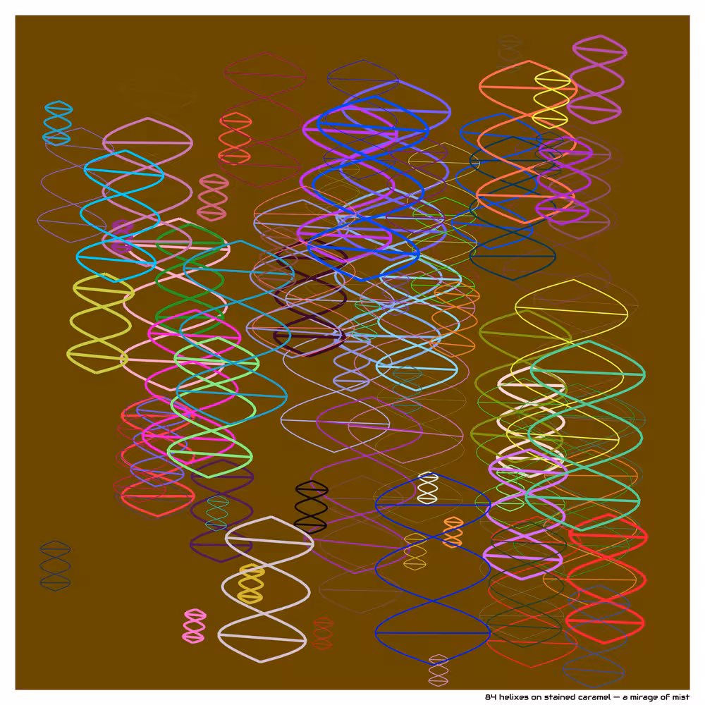 84 helixes on stained caramel — a mirage of mist