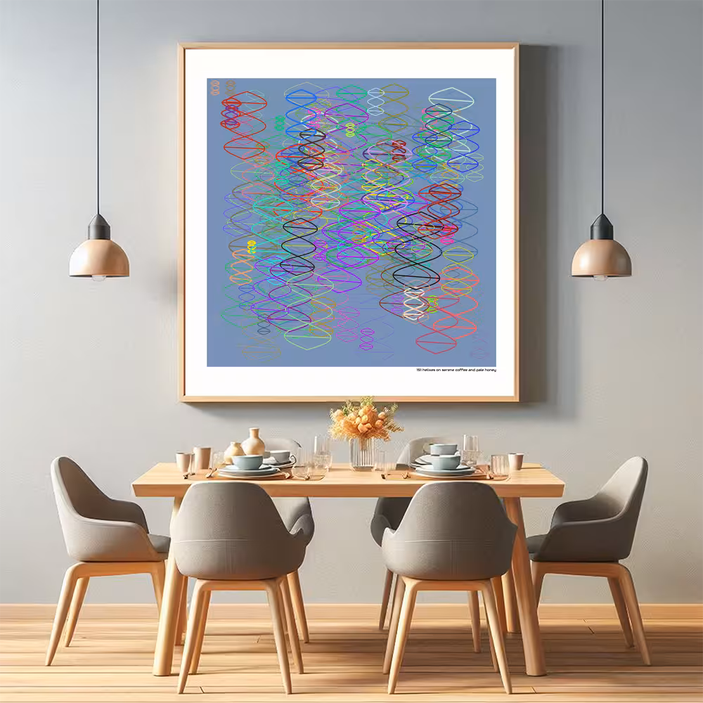 151 helixes on serene coffee and pale honey in room setting