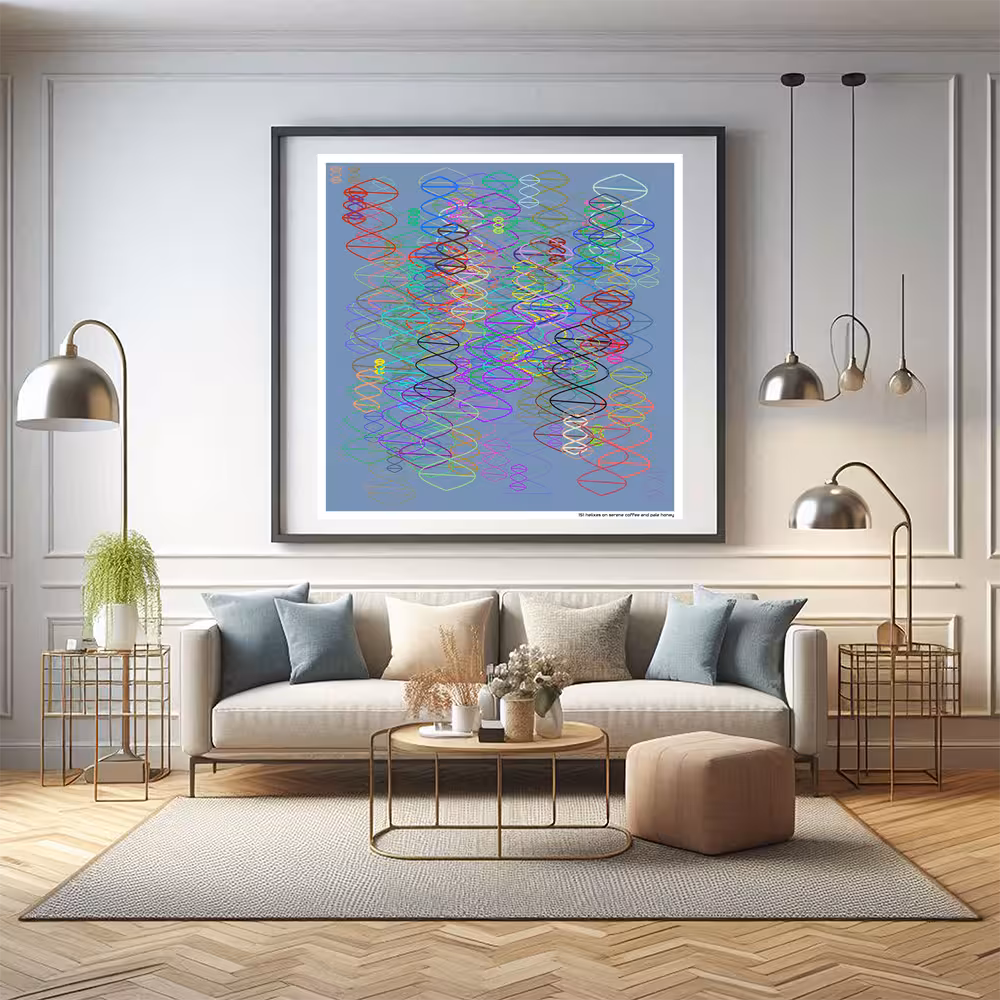 151 helixes on serene coffee and pale honey in room setting