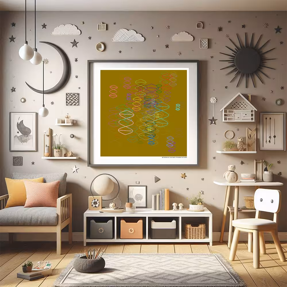 62 helixes on vivid black of shadow and waltz in room setting