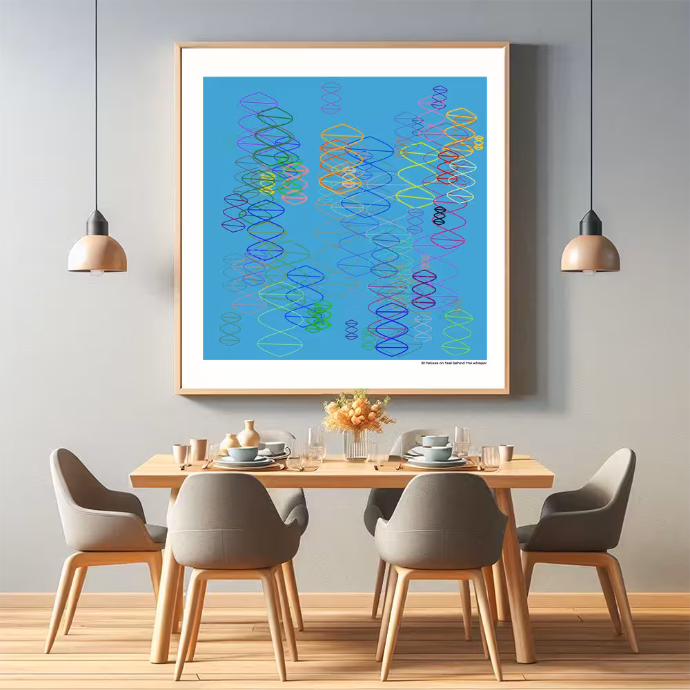 81 helixes on teal behind the whisper in room setting