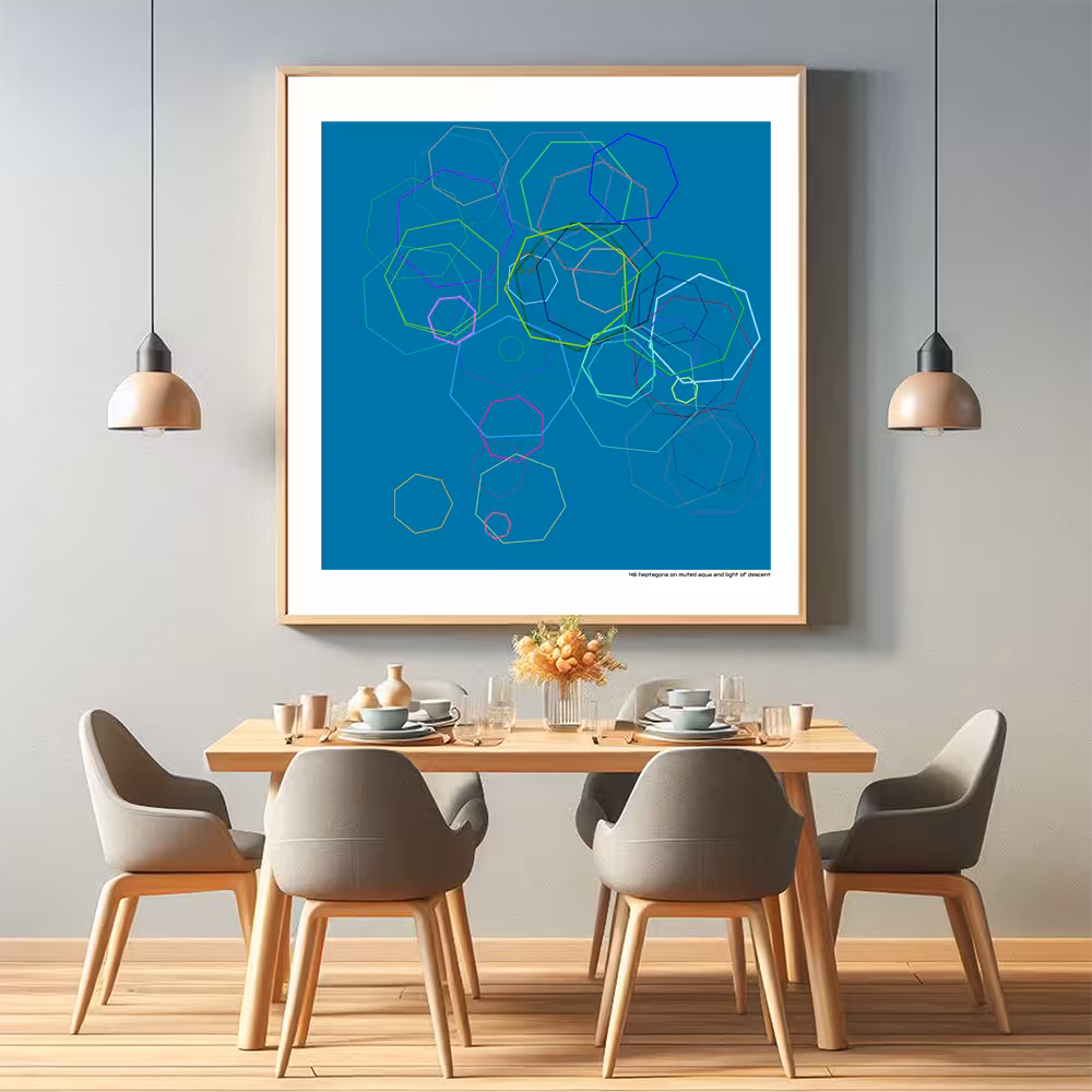 46 heptagons on muted aqua and light of descent in room setting