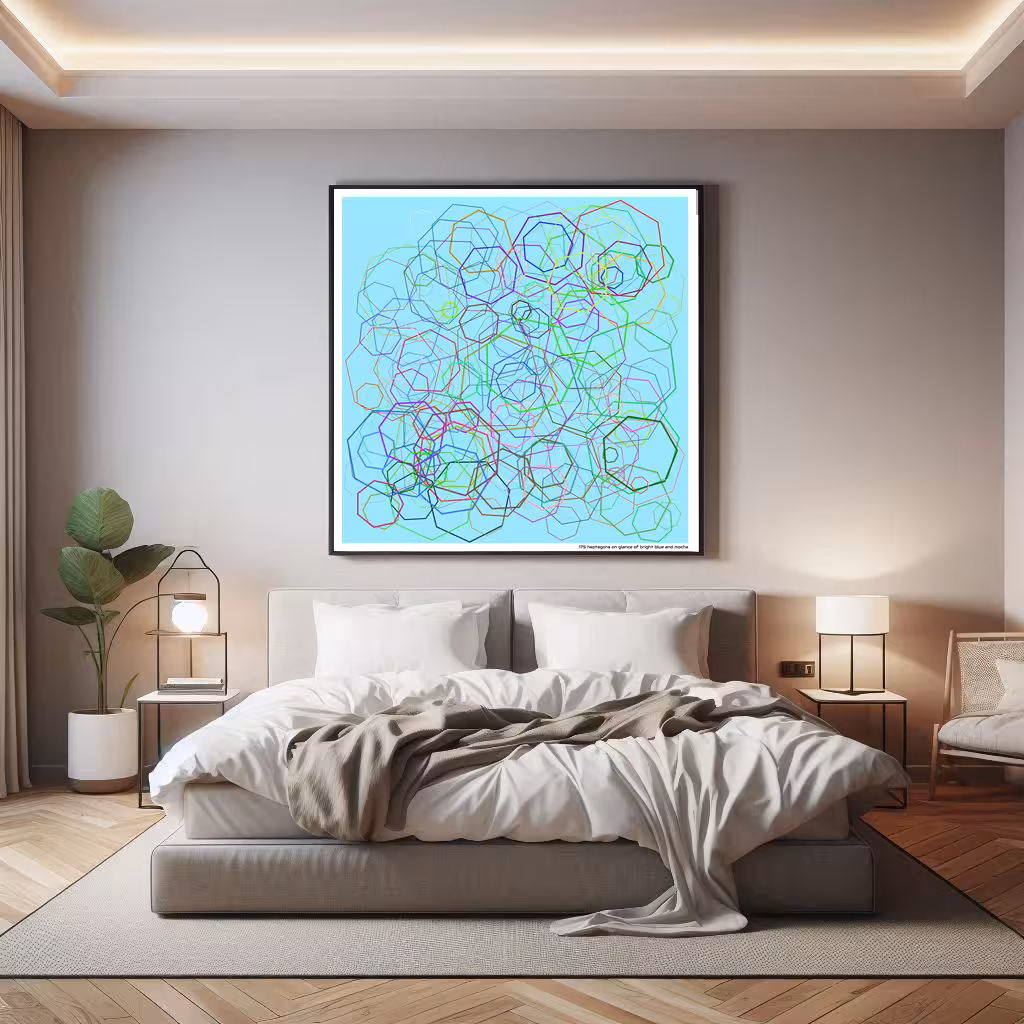 175 heptagons on glance of bright blue and mocha in room setting