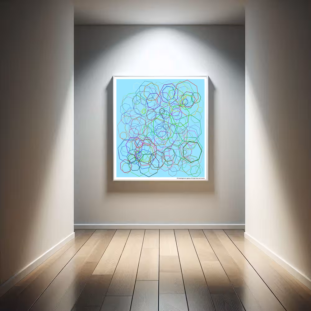 175 heptagons on glance of bright blue and mocha in room setting
