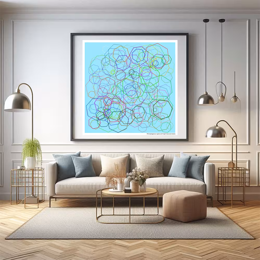 175 heptagons on glance of bright blue and mocha in room setting