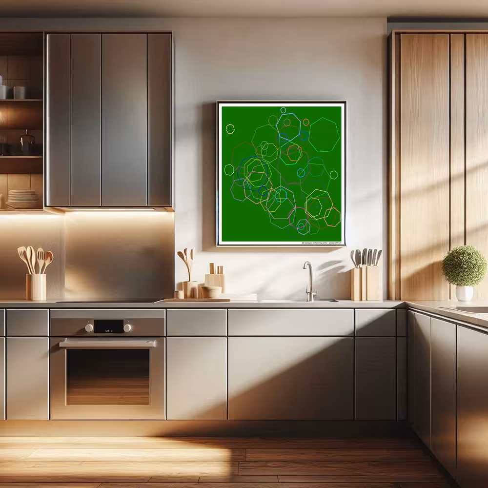 62 heptagons on flickering white — a signal of truth in room setting