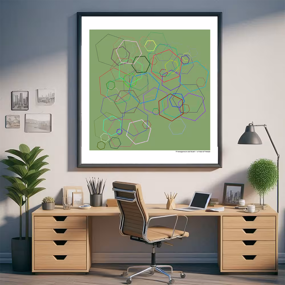 71 hexagons on dull blush — a trace of temple in room setting