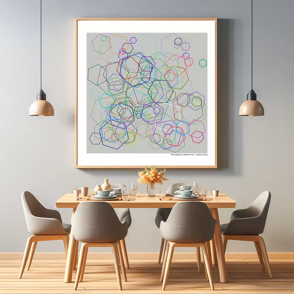 146 hexagons on delicate rose — a waltz of song in room setting