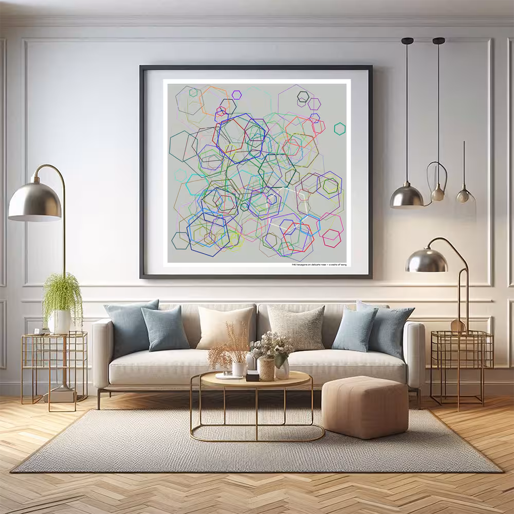 146 hexagons on delicate rose — a waltz of song in room setting