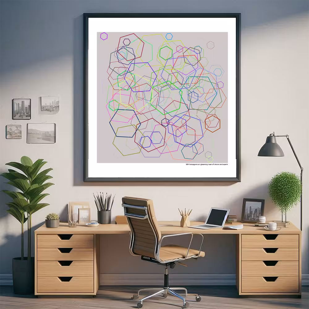 104 hexagons on gleaming rose of shore and spark in room setting