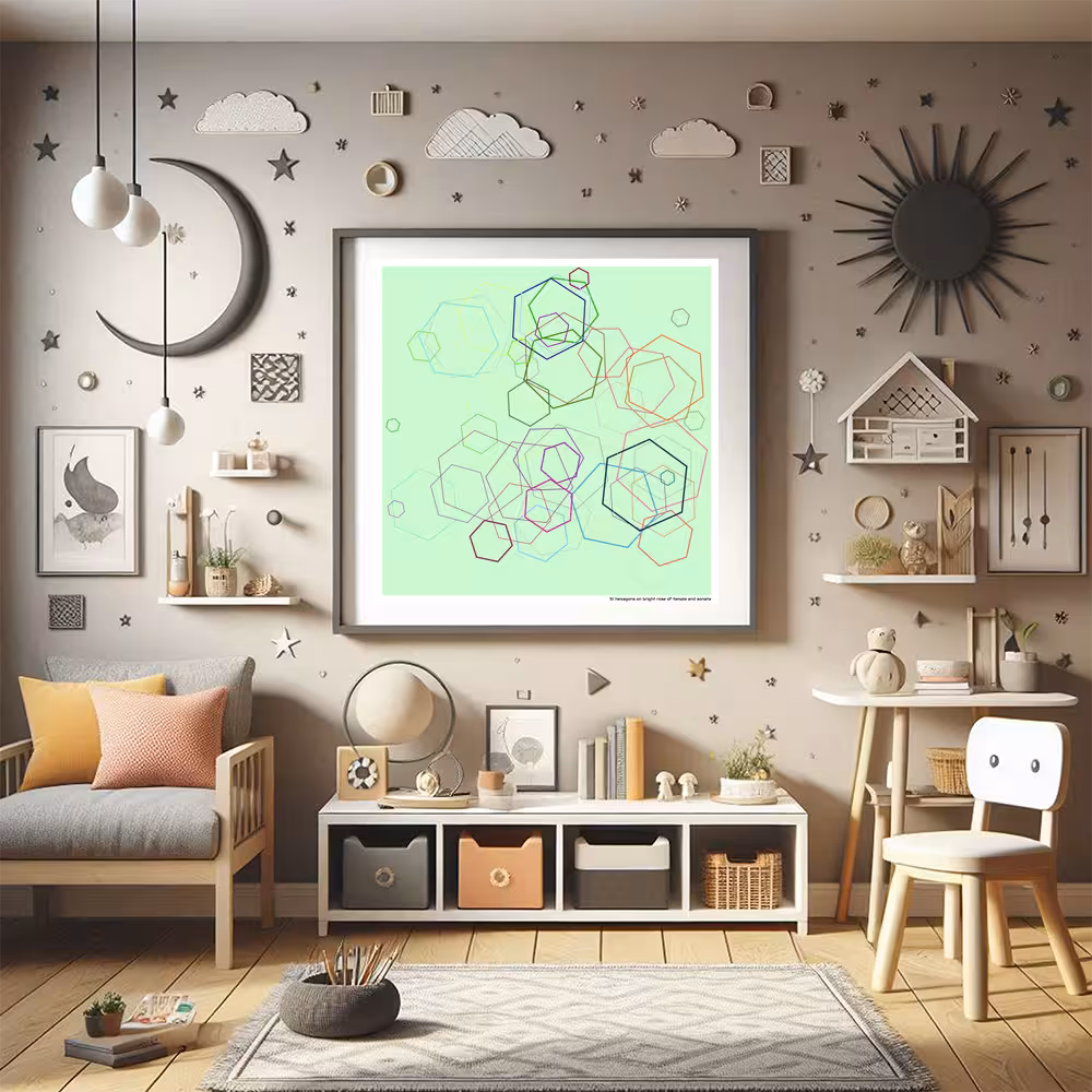 51 hexagons on bright rose of temple and sonata in room setting