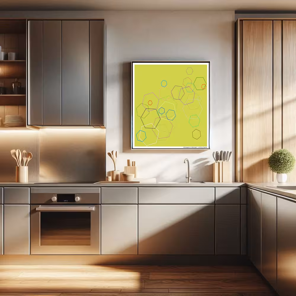 32 hexagons on chilled peach — a infinity of garden in room setting