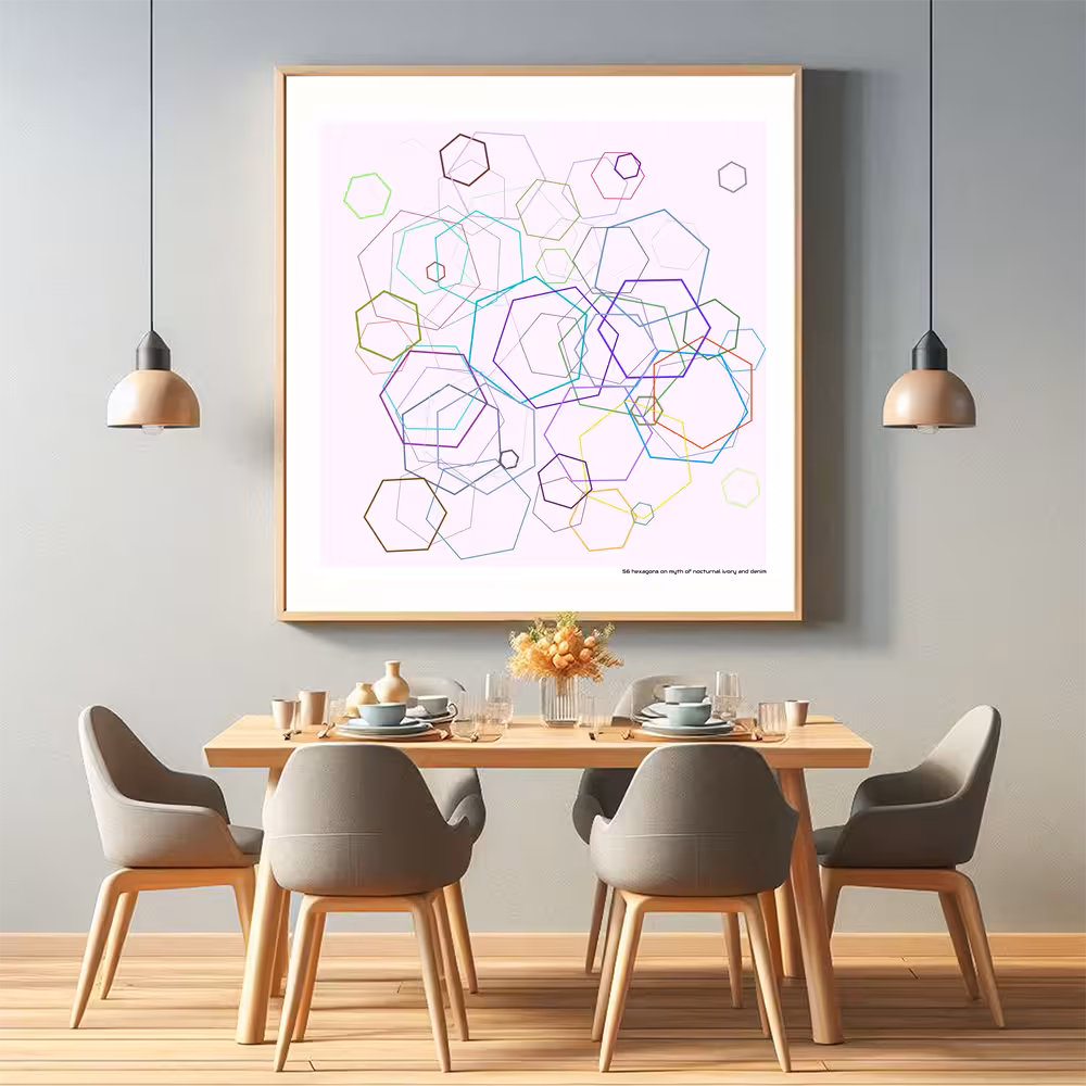 56 hexagons on myth of nocturnal ivory and denim in room setting