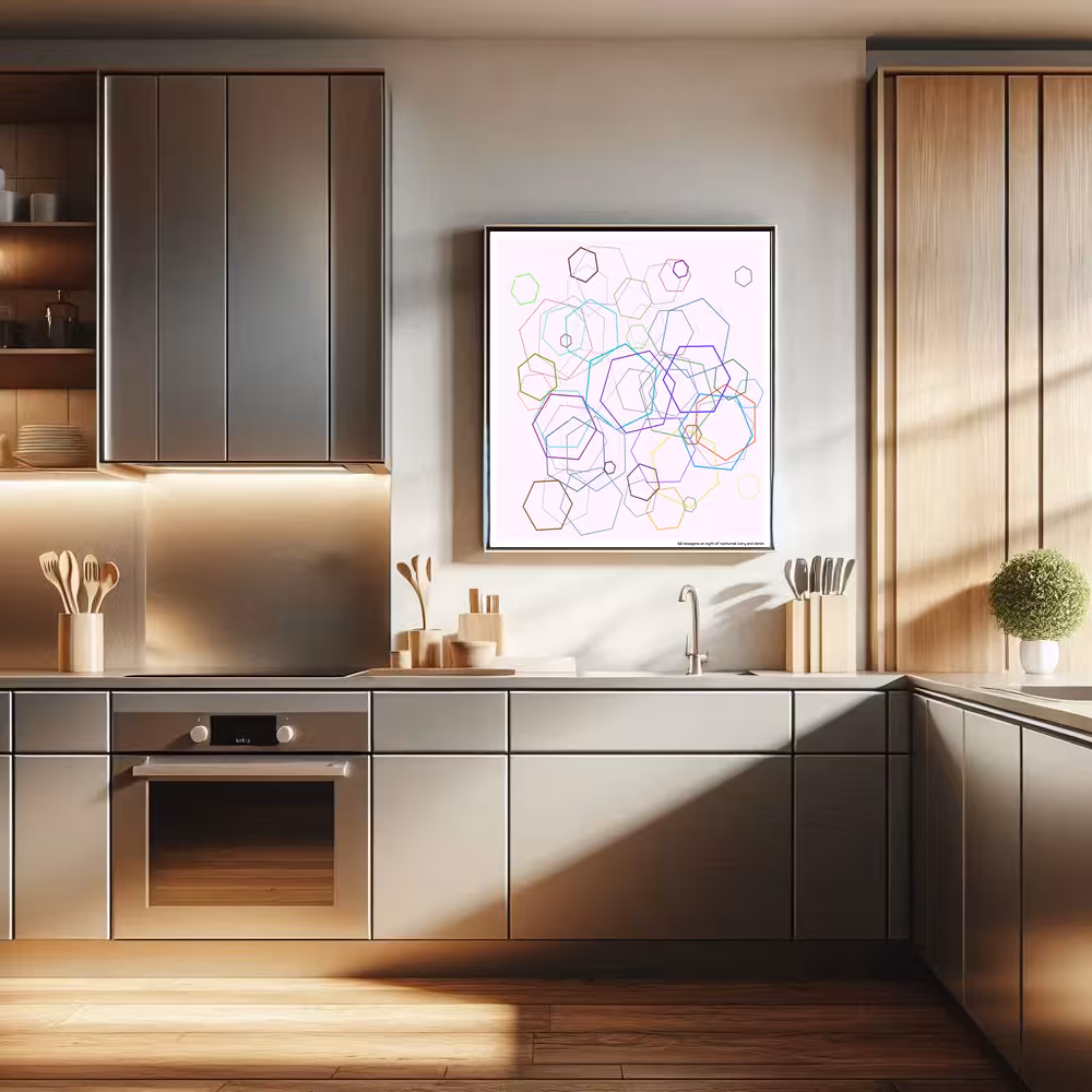 56 hexagons on myth of nocturnal ivory and denim in room setting