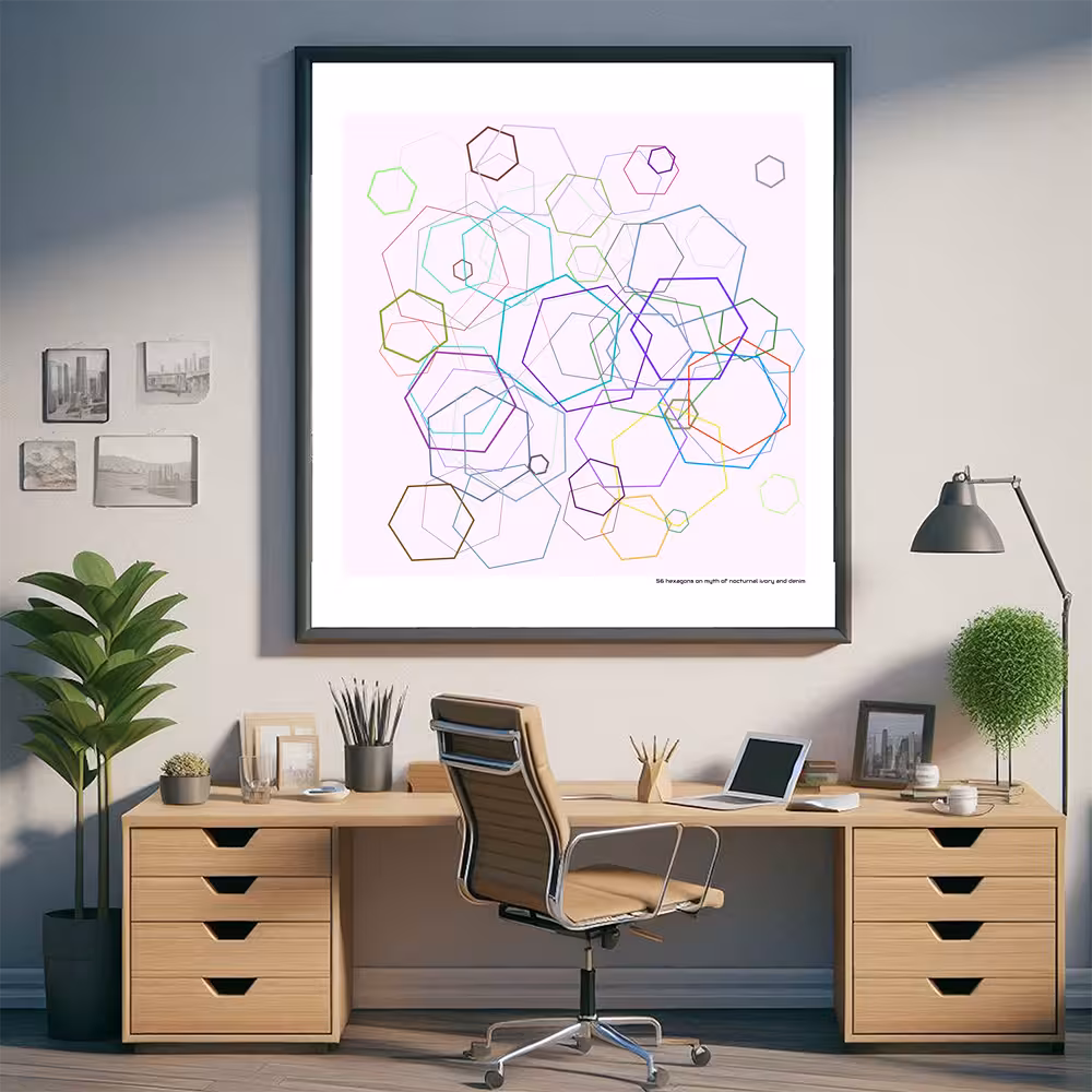 56 hexagons on myth of nocturnal ivory and denim in room setting