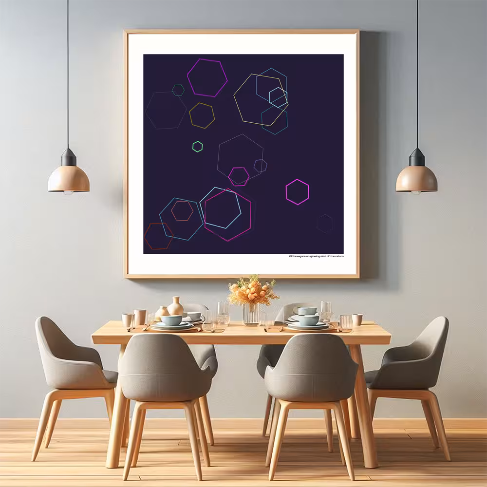 22 hexagons on glowing mint of the return in room setting