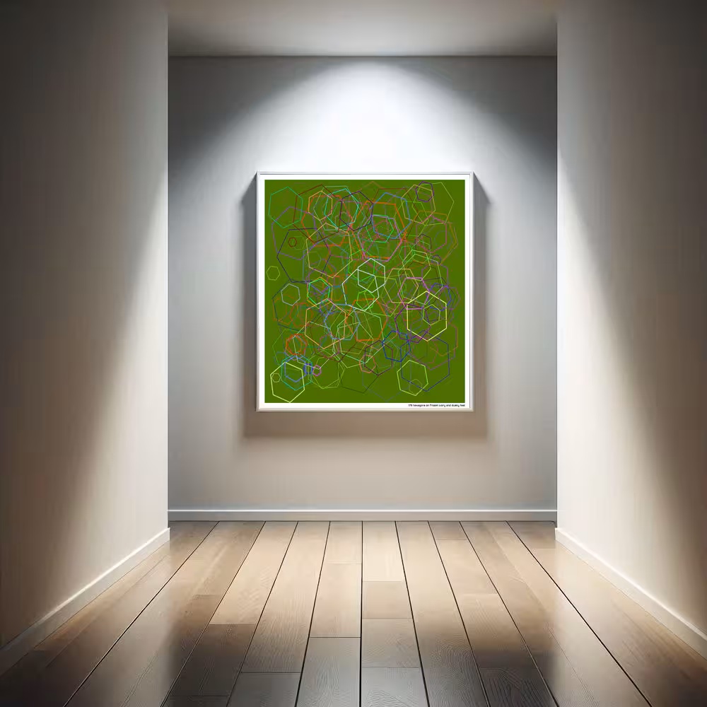 179 hexagons on frozen ivory and dusky teal in room setting