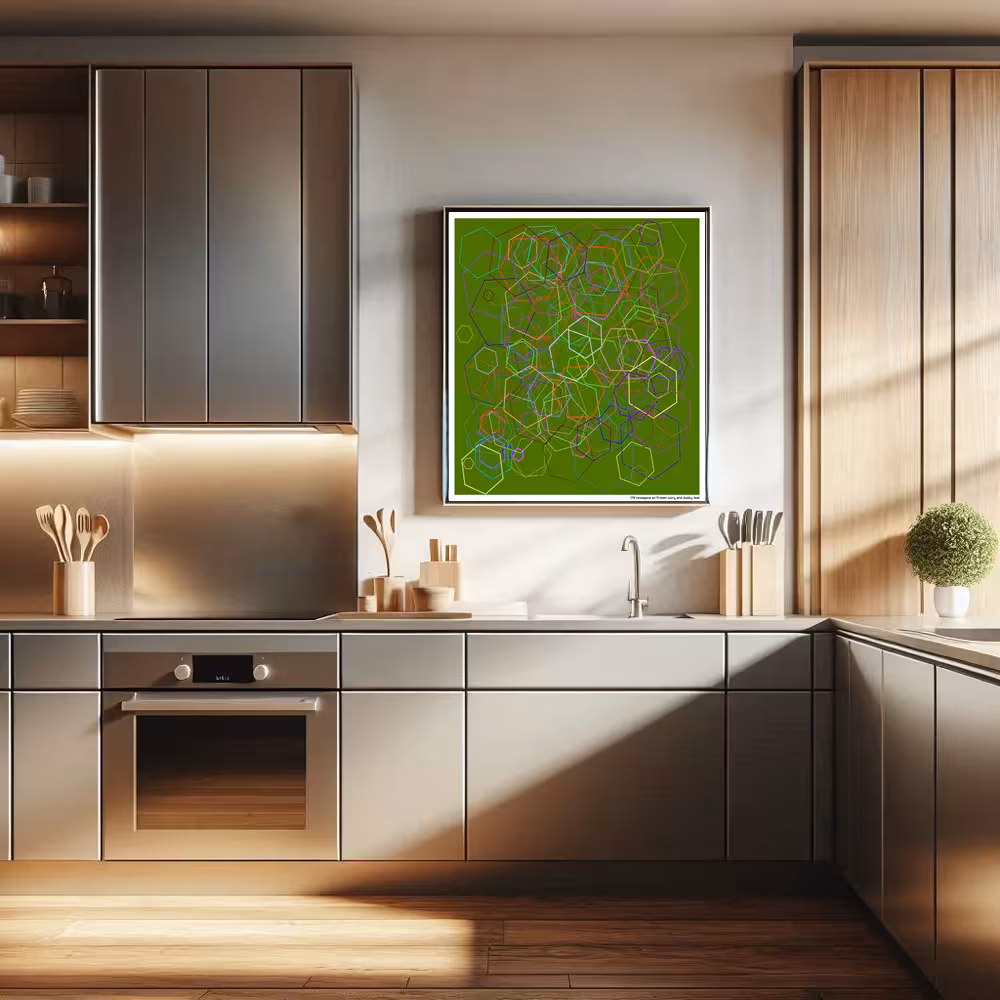 179 hexagons on frozen ivory and dusky teal in room setting