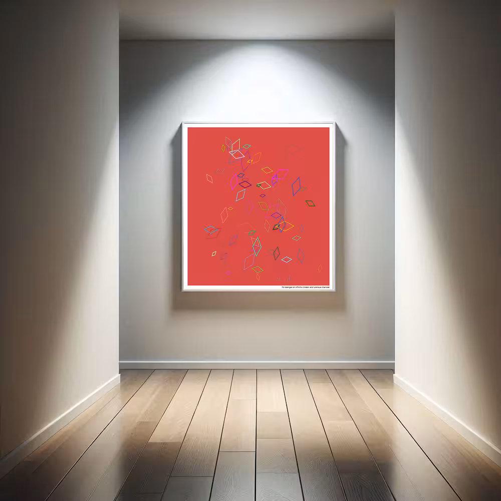 75 lozenges on infinite crimson and luminous charcoal in room setting