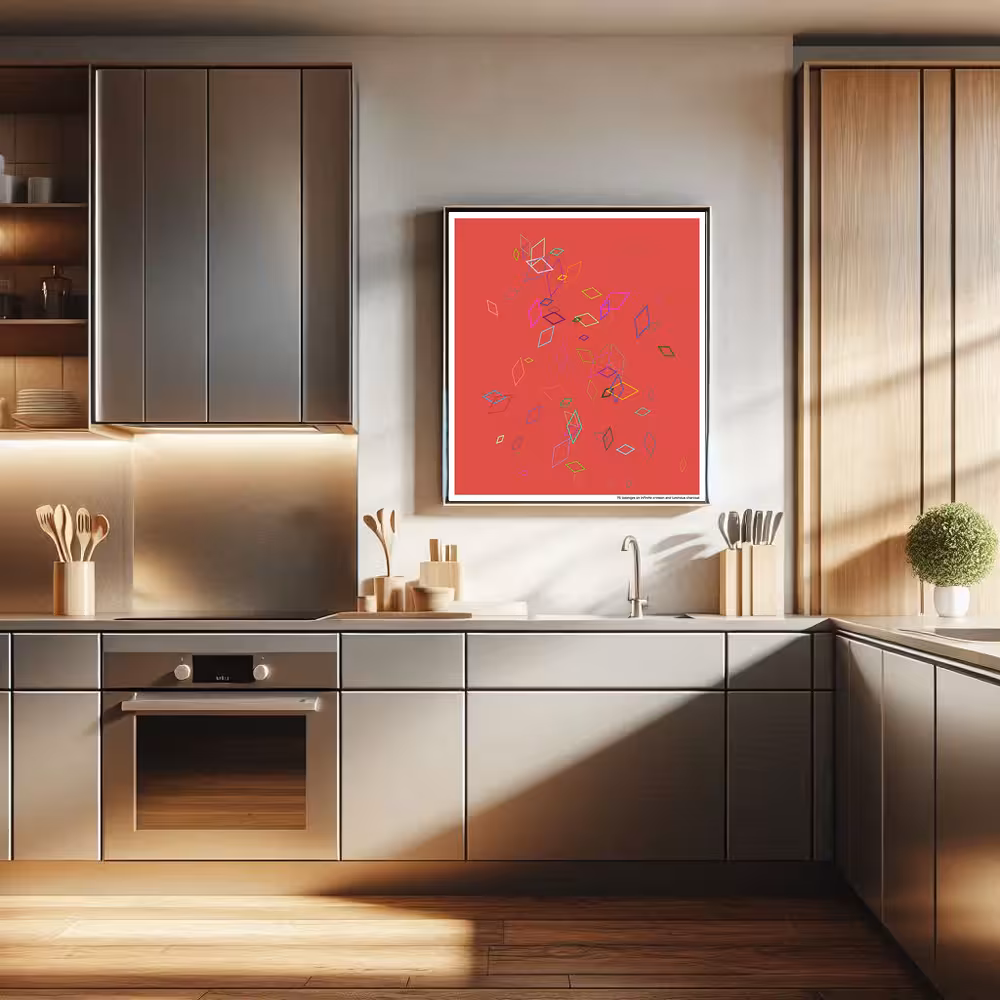 75 lozenges on infinite crimson and luminous charcoal in room setting