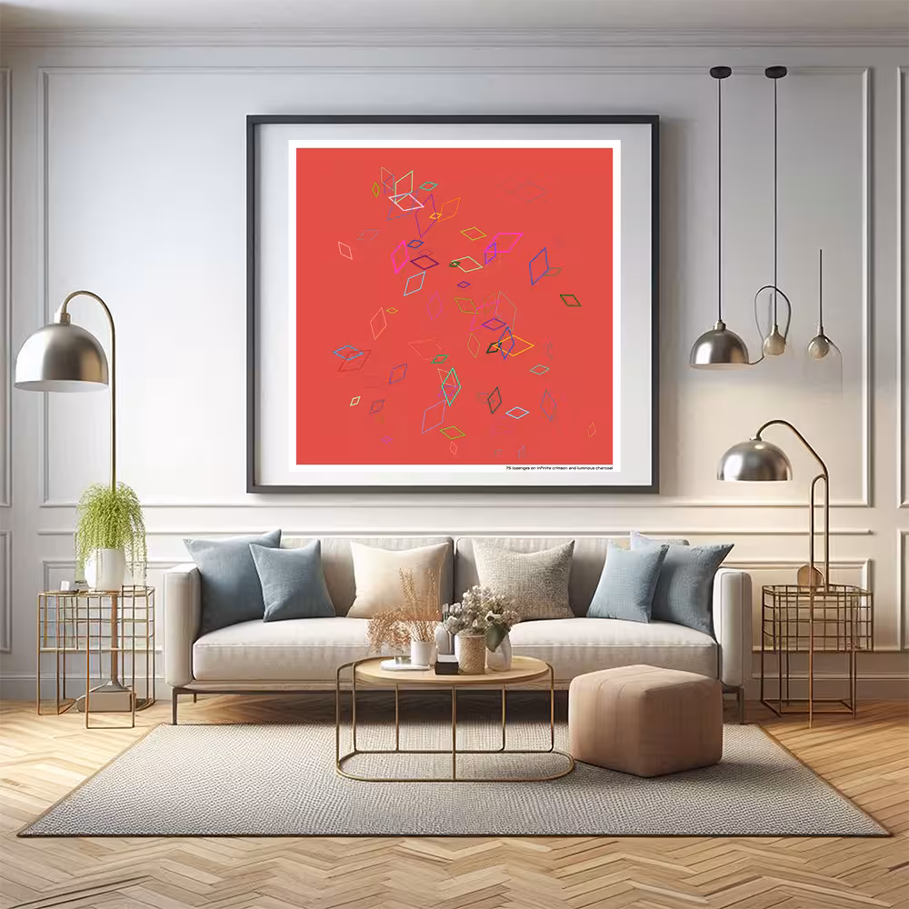 75 lozenges on infinite crimson and luminous charcoal in room setting