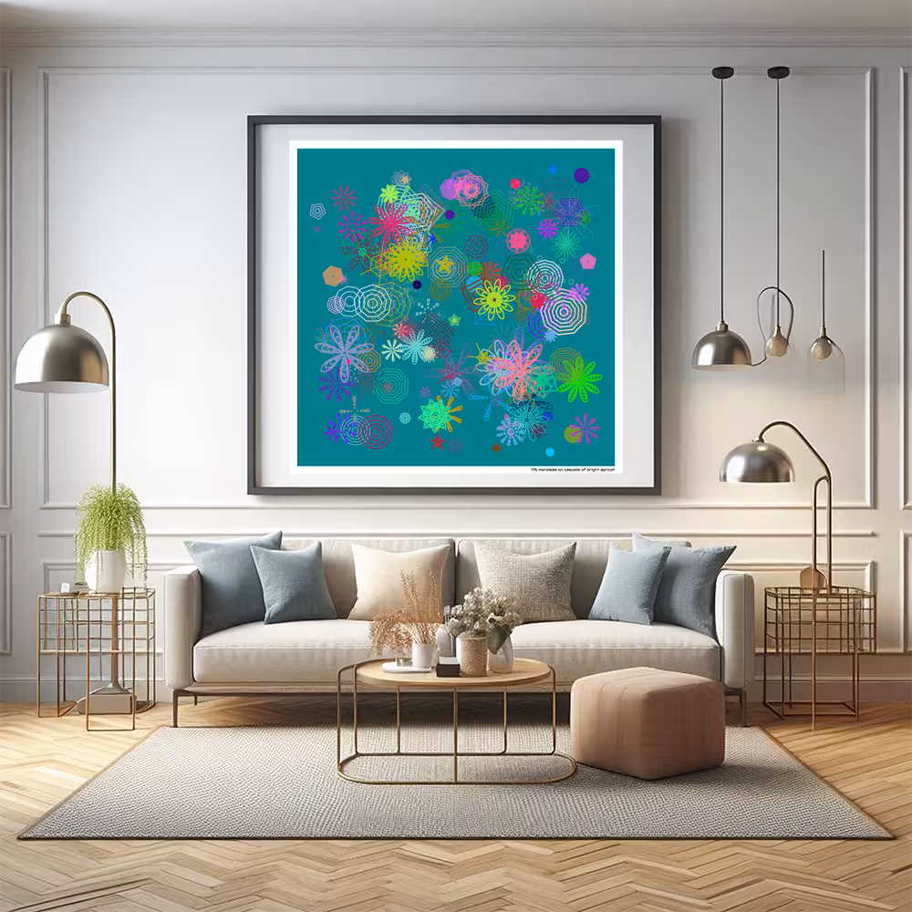 176 mandalas on cascade of bright apricot in room setting