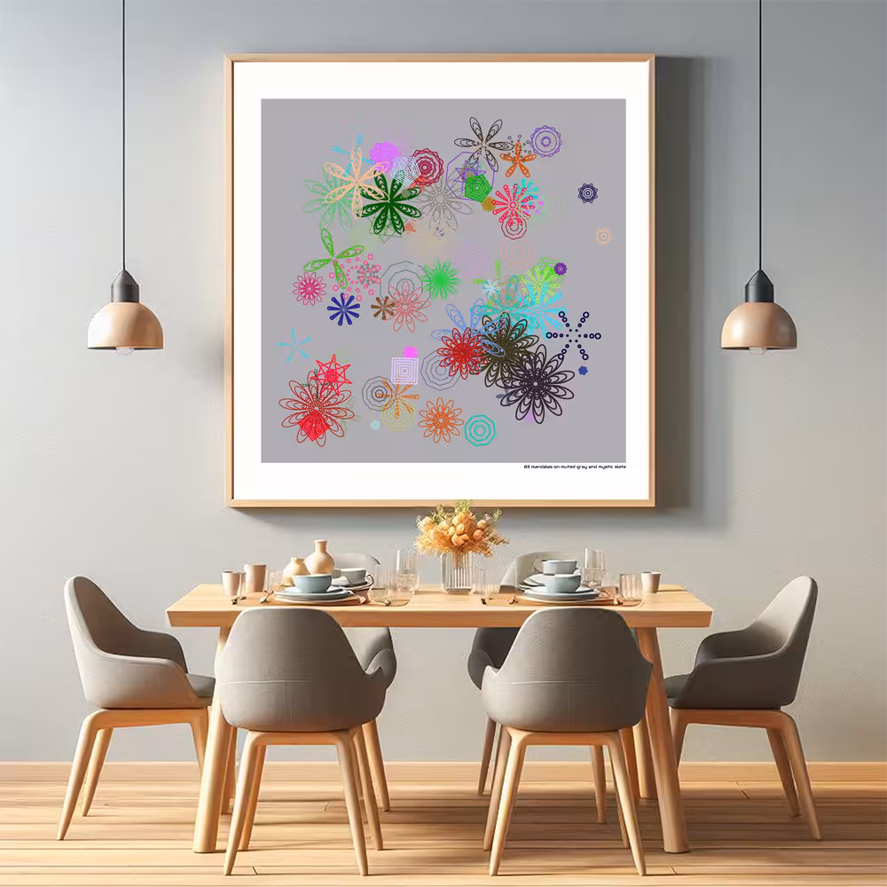 83 mandalas on muted gray and mystic slate in room setting