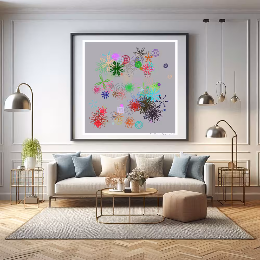 83 mandalas on muted gray and mystic slate in room setting