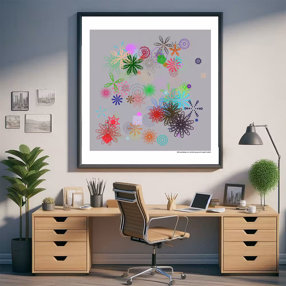 83 mandalas on muted gray and mystic slate in room setting