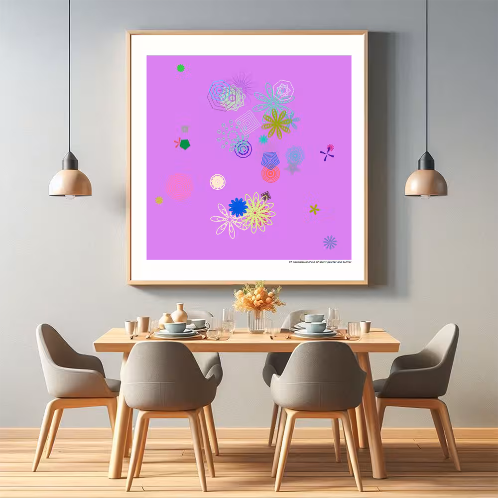 37 mandalas on field of silent pewter and butter in room setting