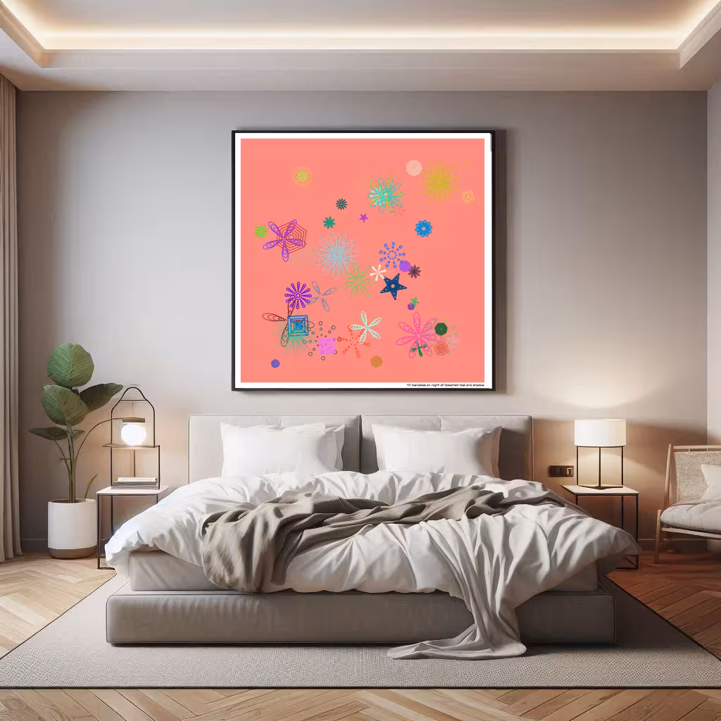 47 mandalas on night of bleached teal and shadow in room setting