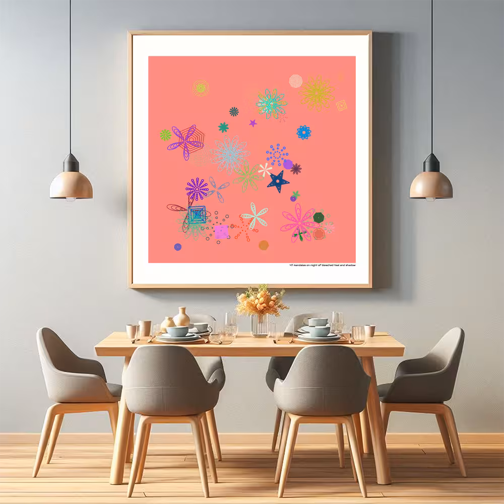 47 mandalas on night of bleached teal and shadow in room setting