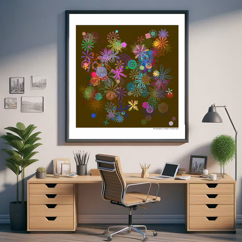 172 mandalas on twilight in frozen sand in room setting