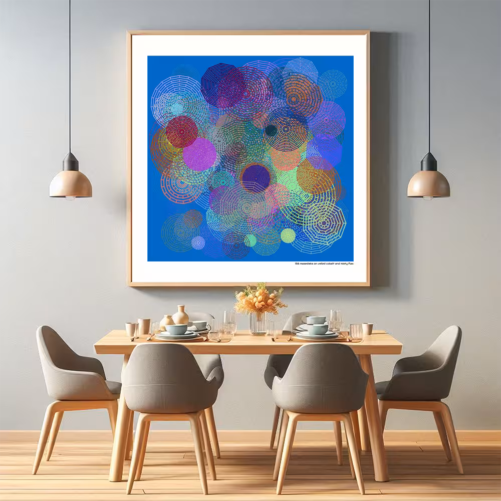 156 mazedisks on veiled cobalt and misty flax in room setting