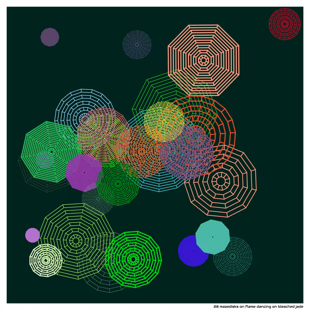28 mazedisks on flame dancing on bleached jade