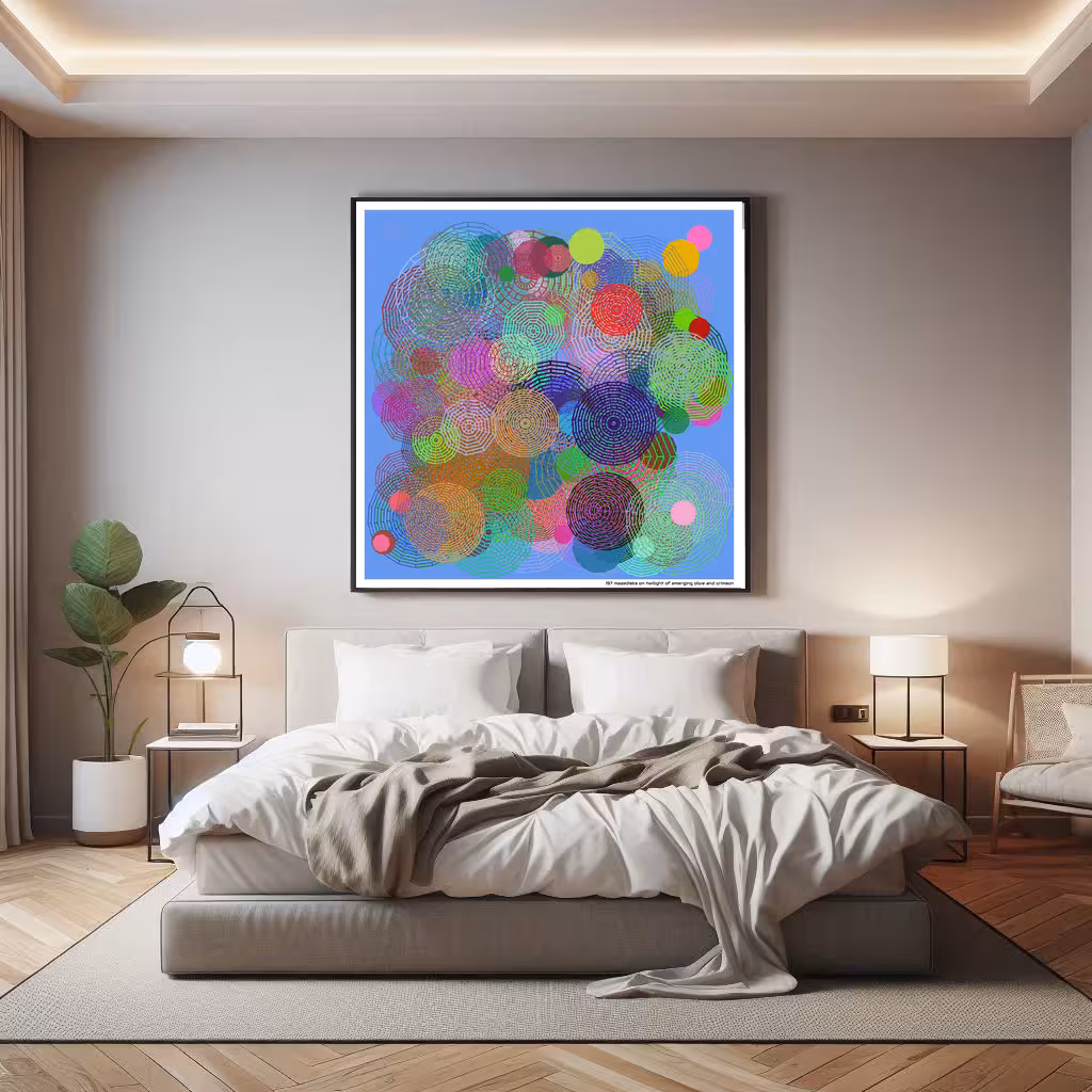 197 mazedisks on twilight of emerging olive and crimson in room setting