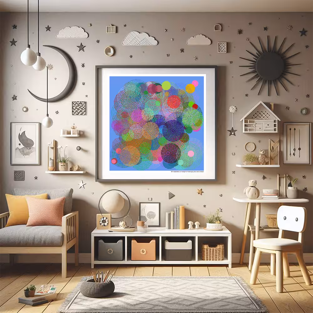 197 mazedisks on twilight of emerging olive and crimson in room setting