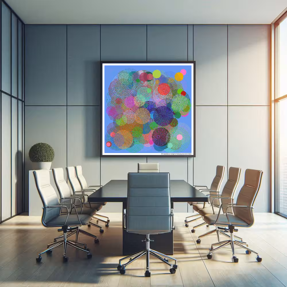 197 mazedisks on twilight of emerging olive and crimson in room setting