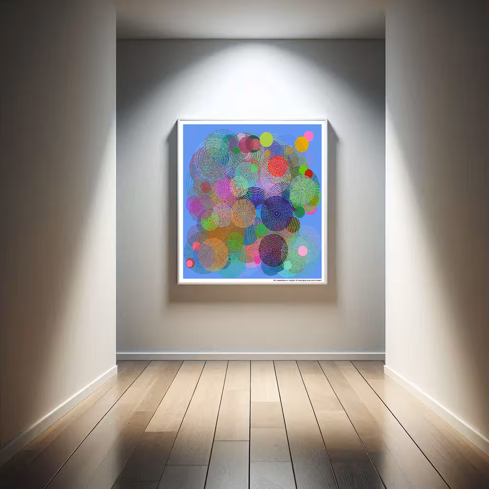 197 mazedisks on twilight of emerging olive and crimson in room setting