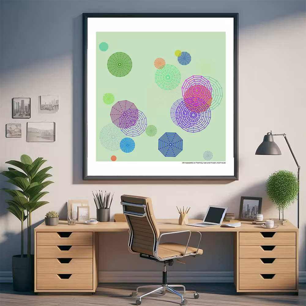 23 mazedisks on fleeting rose and frozen chartreuse in room setting