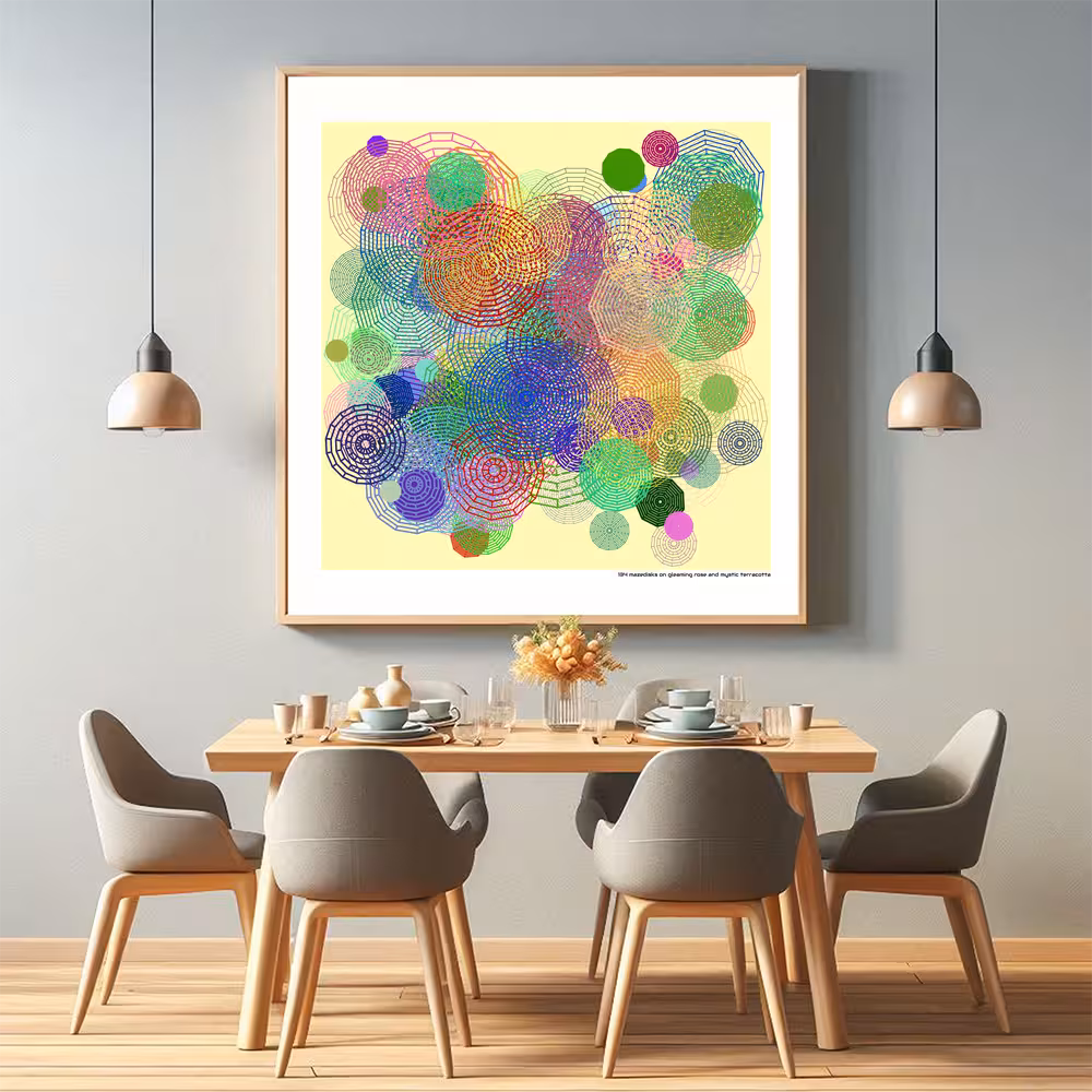 134 mazedisks on gleaming rose and mystic terracotta in room setting