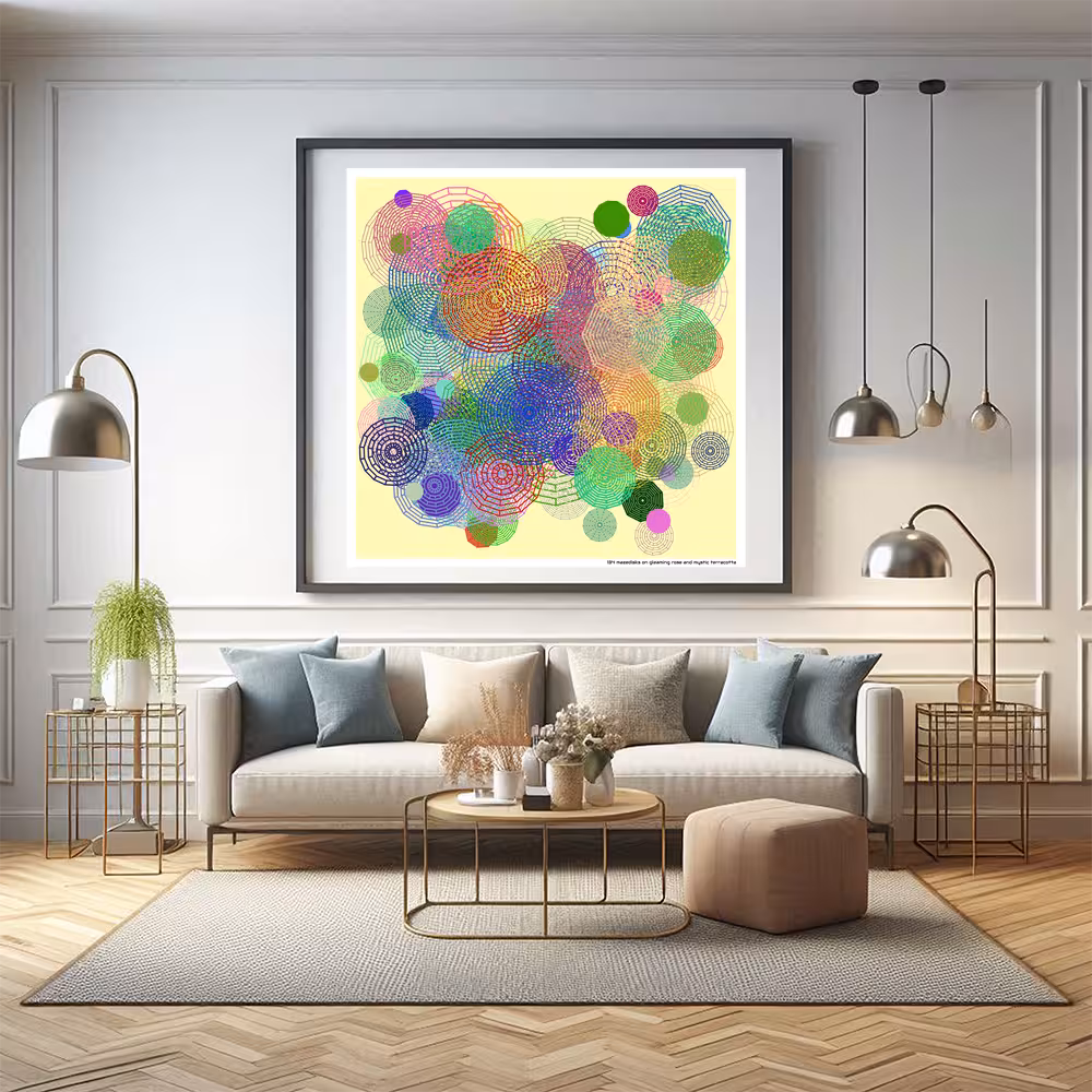 134 mazedisks on gleaming rose and mystic terracotta in room setting