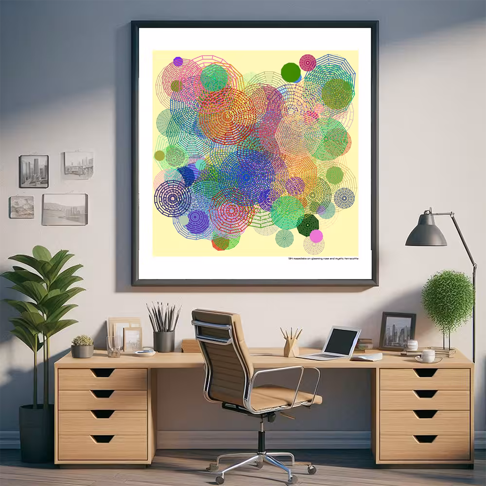 134 mazedisks on gleaming rose and mystic terracotta in room setting