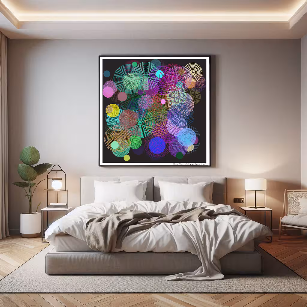 96 mazedisks on delicate gray and glance of spark in room setting