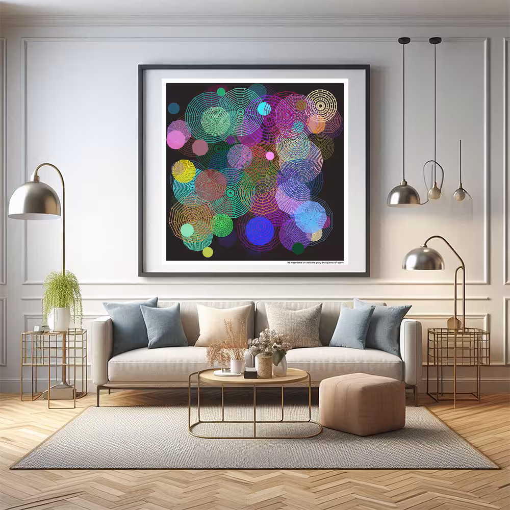 96 mazedisks on delicate gray and glance of spark in room setting