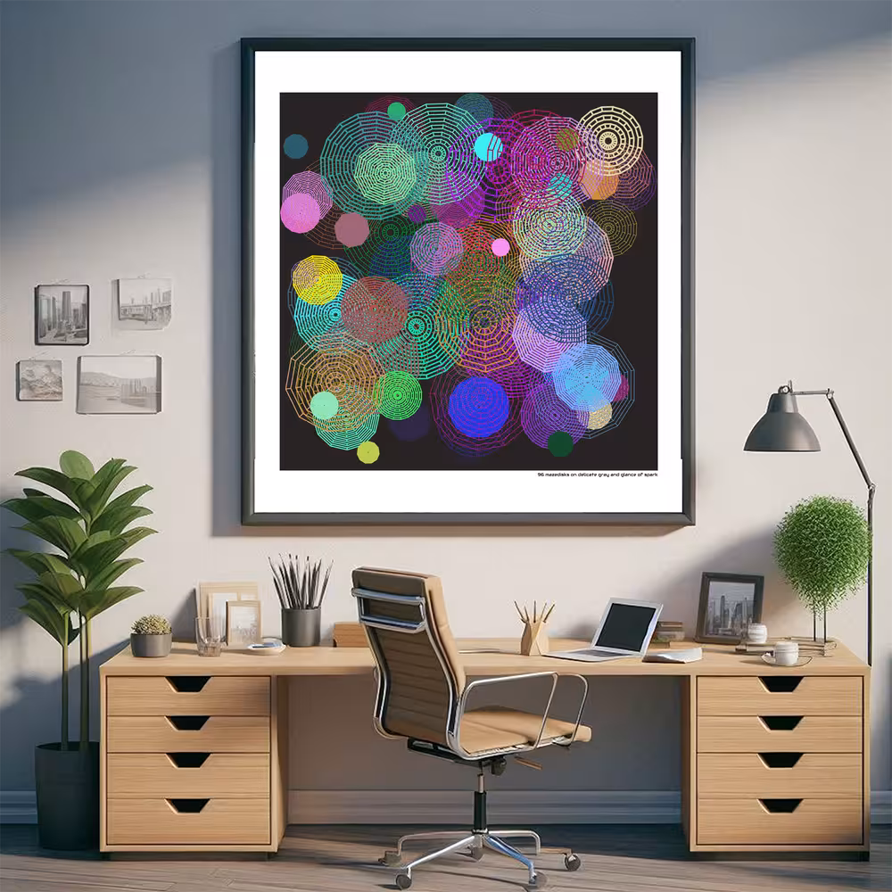 96 mazedisks on delicate gray and glance of spark in room setting